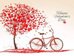 image of a red bicycle next to a red tree of hearts for happy valentine's day